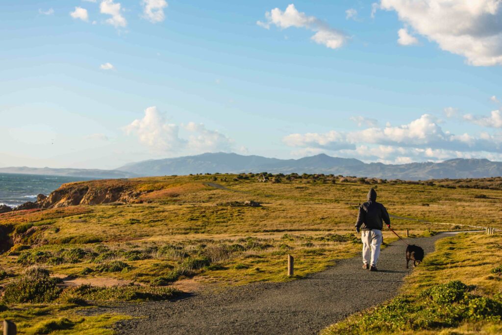 A man and his dog walk along a paved trail.